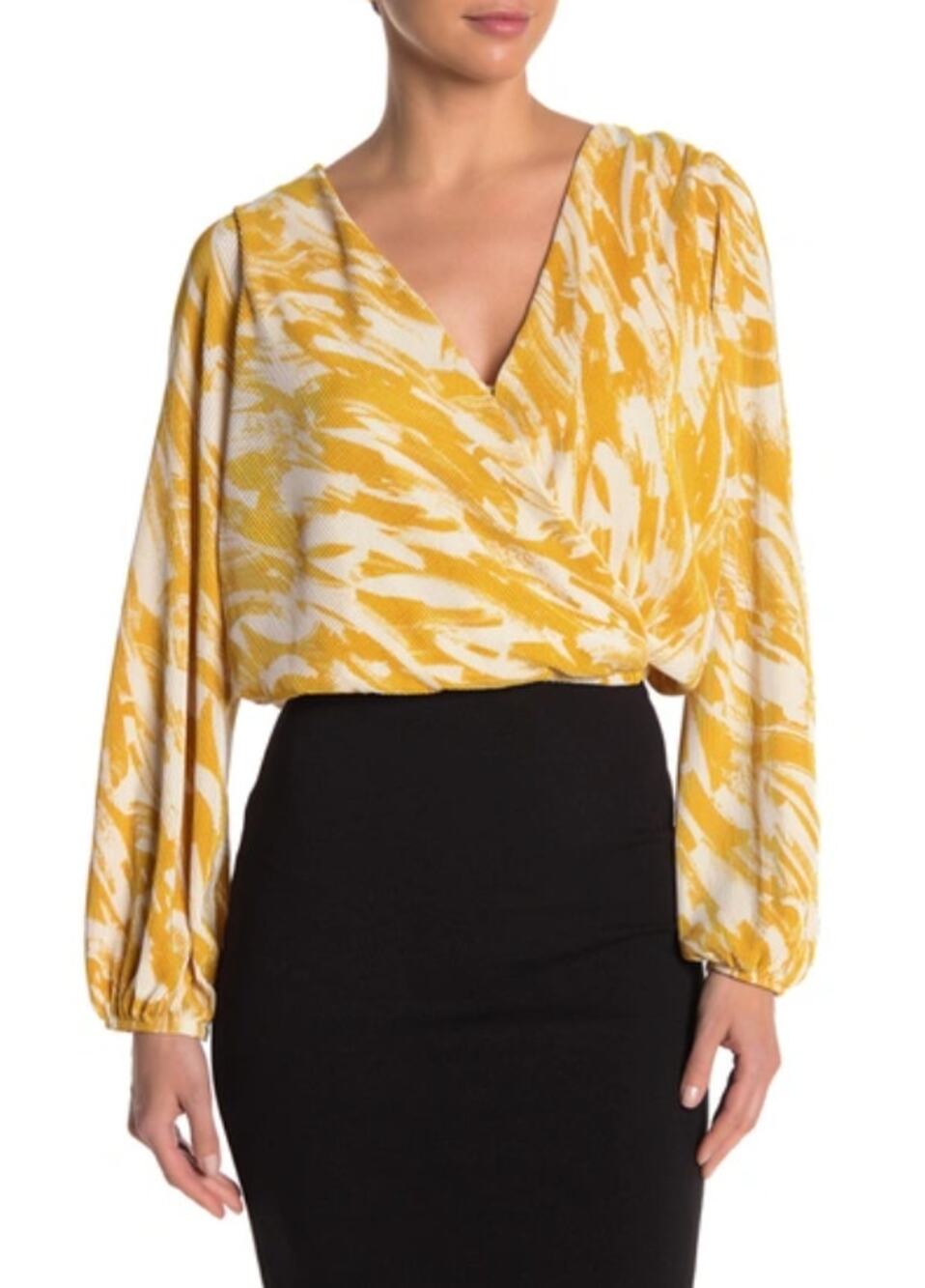 ASTR The Label Yellow Tropical Long Sleeve Surplice Wrap Top WMNS XS V-Neck Boho